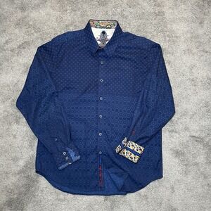Robert Graham Shirt Men Large Blue Flip Cuff Party Funky Geometric Disco